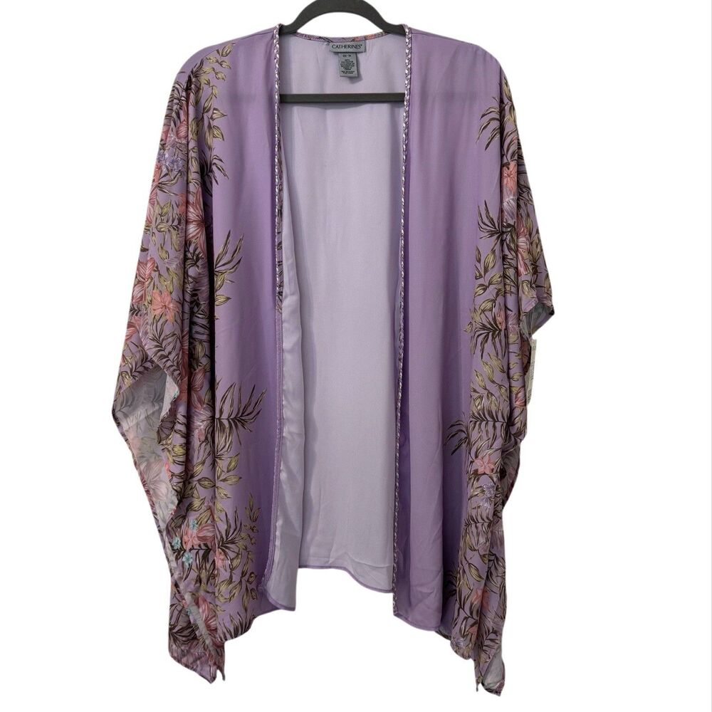 Catherines Kimono Open Front Cardigan Purple Floral Size 0X-1X Vacation‎ Boho